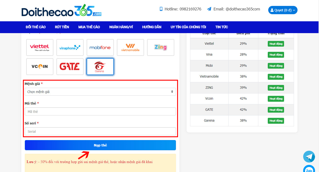 Đổi thẻ cào Garena