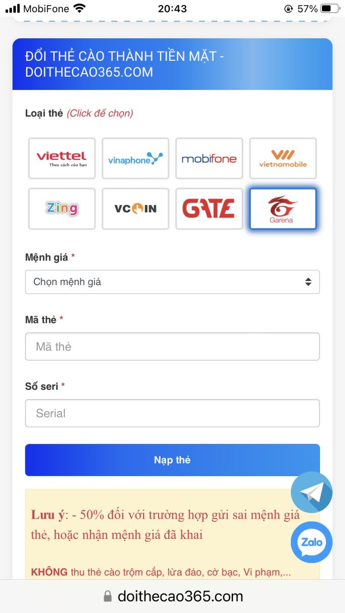 Đổi thẻ Garena thành tiền trong tài khoản web