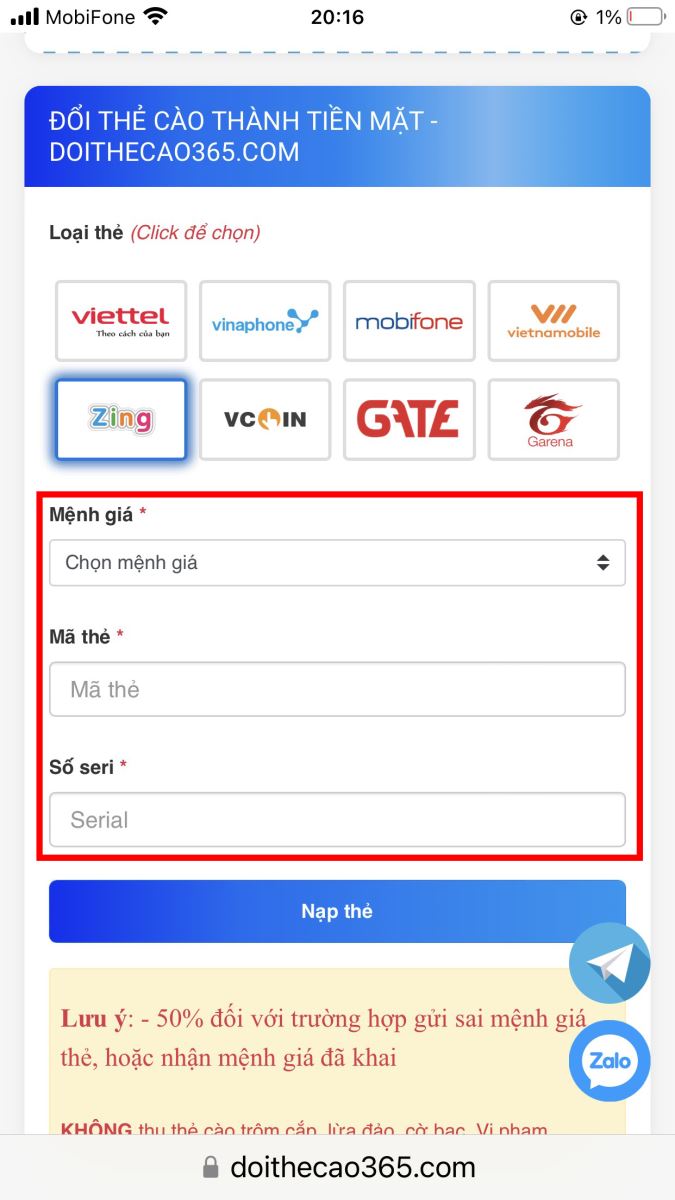Đổi thẻ Zing