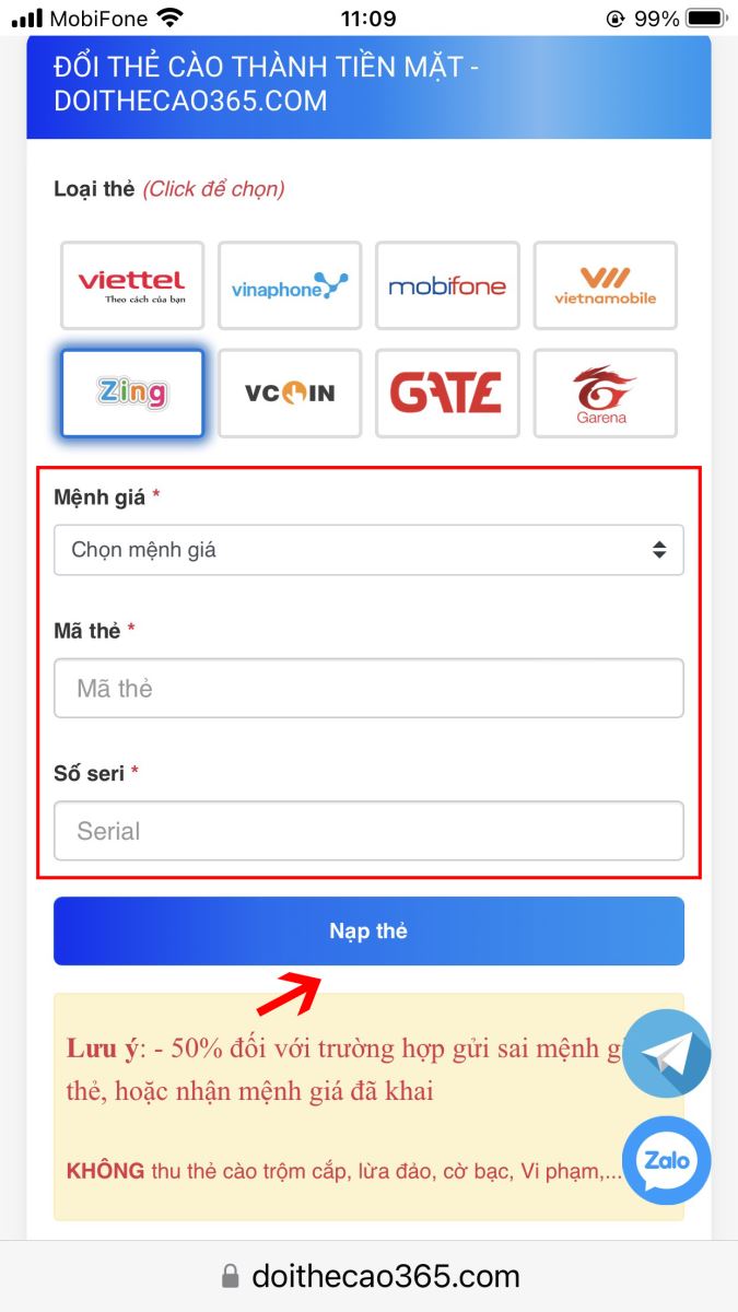 Đổi thẻ Zing
