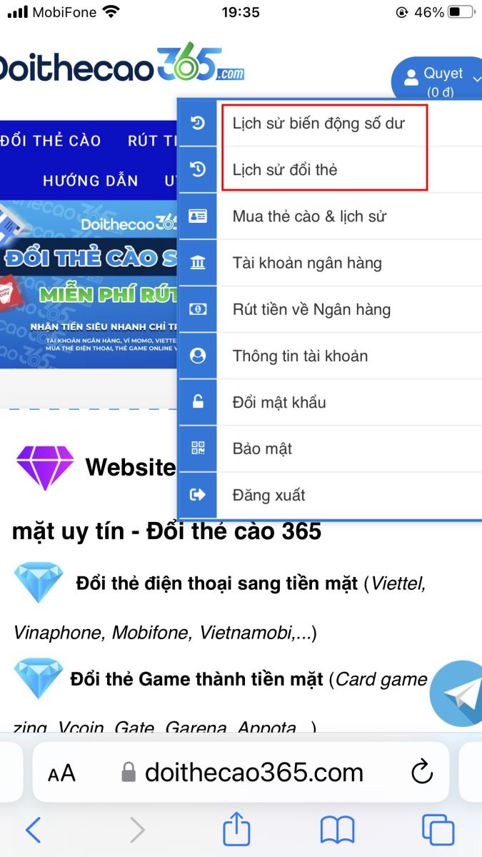 Kiểm tra lịch sử nạp thẻ và số dư