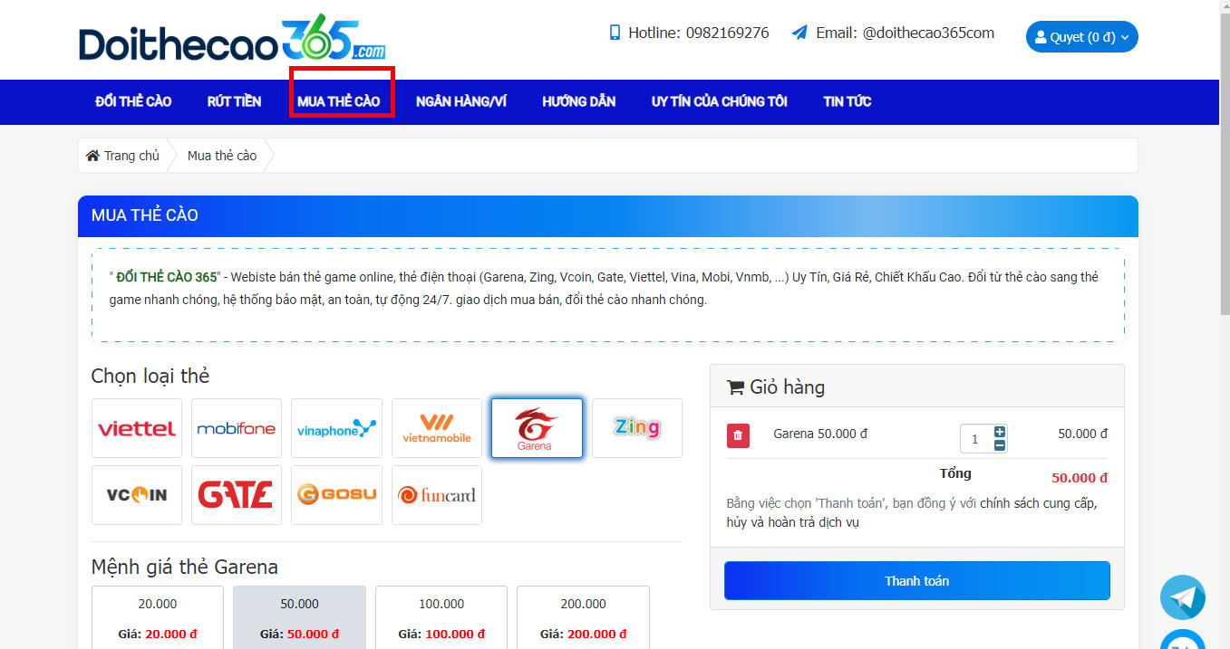 Mua thẻ Garena
