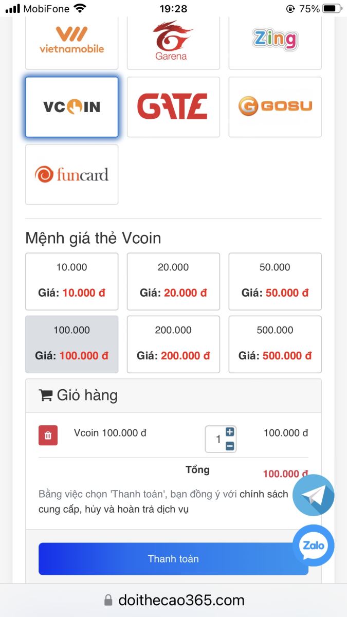 Mua thẻ Vcoin