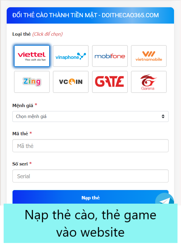 nạp thẻ cào vào website