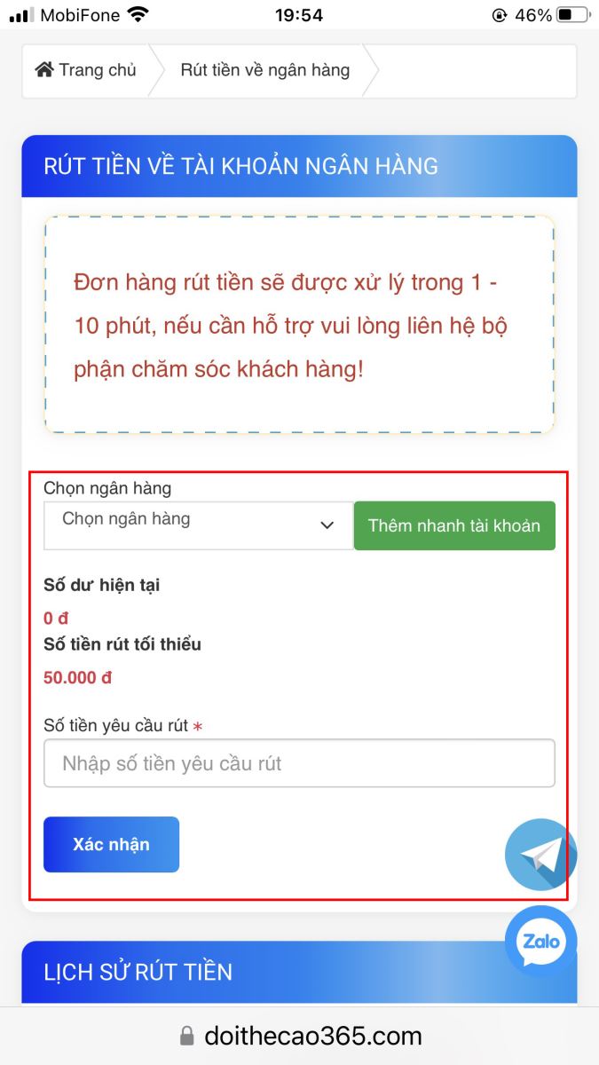 Rút tiền về ngân hàng
