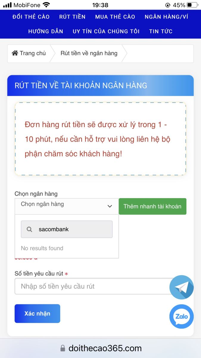 Rút tiền về tài khoản Sacombank