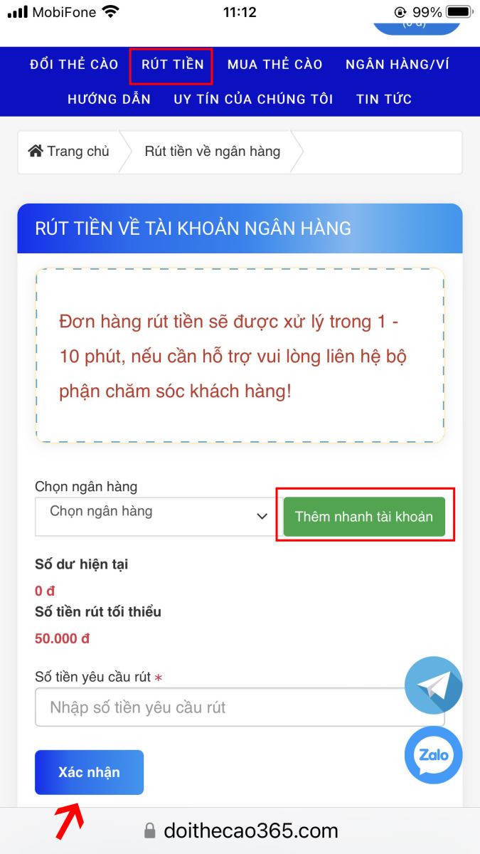 Rút tiền về ví điện tử Momo