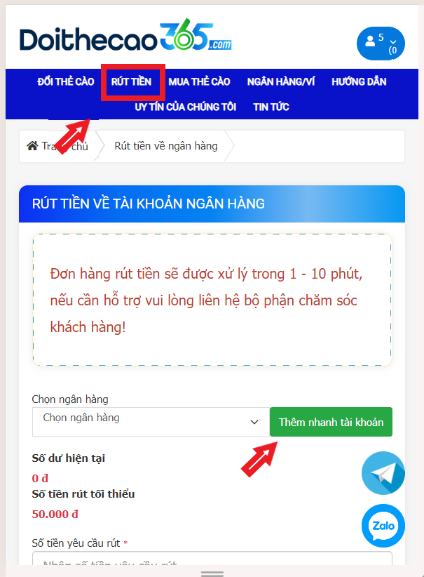 rút tiền về tài khoản